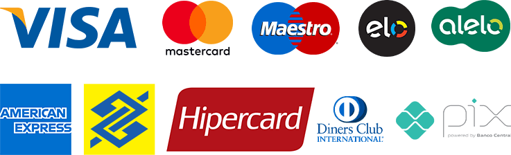 Visa, Mastercard, Maestro, Elo, Alelo, American Express, Banco do Brasil, Hipercard, Diners e Pix